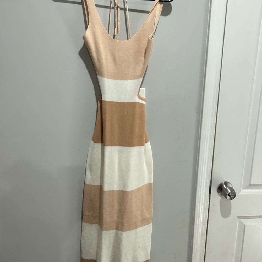 Elegant Tan and White Striped Dress